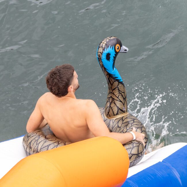 A man sitting on an inflatable swan raft in the water near an orange and blue bounce house. The shirtless man, with short dark hair, lounges as the swan raft's detailed feather patterns and striking blue face enhance the calm and inviting scene.