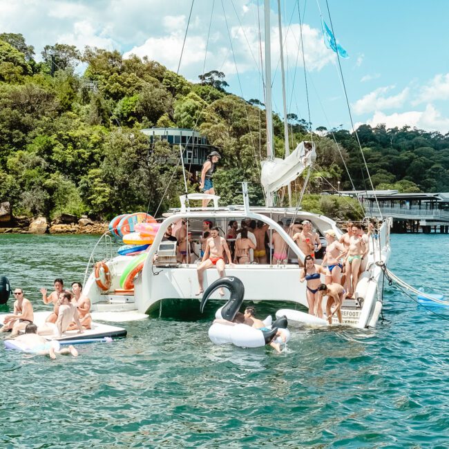 A group of people are enjoying a sunny day on a luxurious yacht anchored near a green, forested coastline. Some are on inflatable floats in the water, while others relax on the yacht's deck. The festive scene is complemented by blue skies and scattered clouds above.