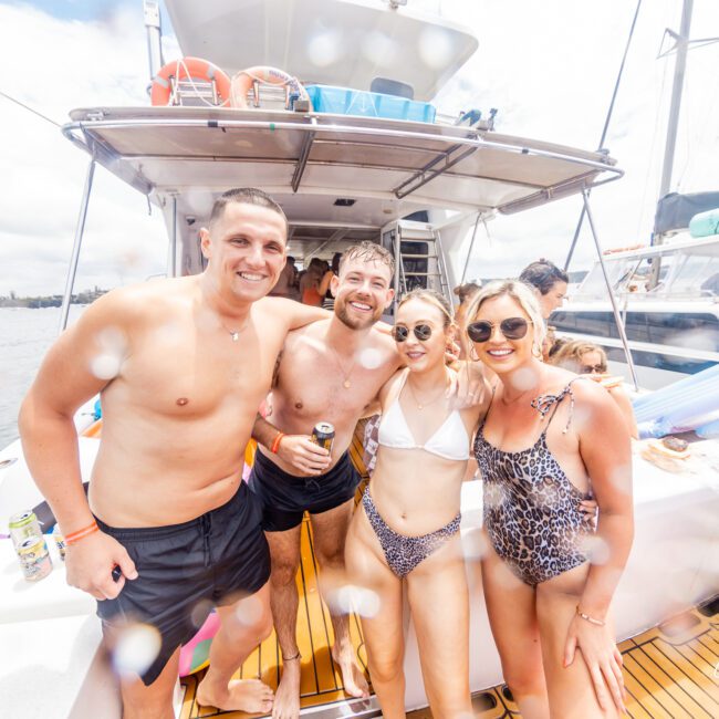 A group of four people, two men and two women, are posing and smiling on a boat deck. Clad in swimwear, they seem to be enjoying an exhilarating day out on the water. The background is dotted with more boats and shimmering water, enhancing the lively, summery atmosphere.