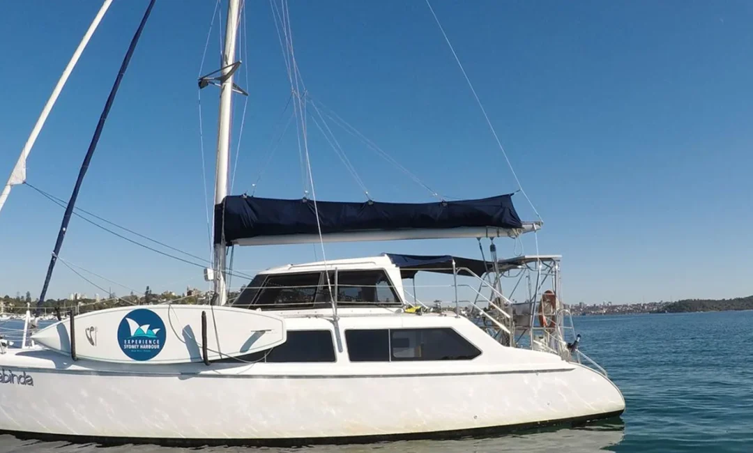 A white sailboat named "Wonderland" with blue accents is anchored on calm water under a clear blue sky. The boat features two sails and a covered deck area. In the background, another vessel can be seen nearby with a distant shoreline lined with charming houses.