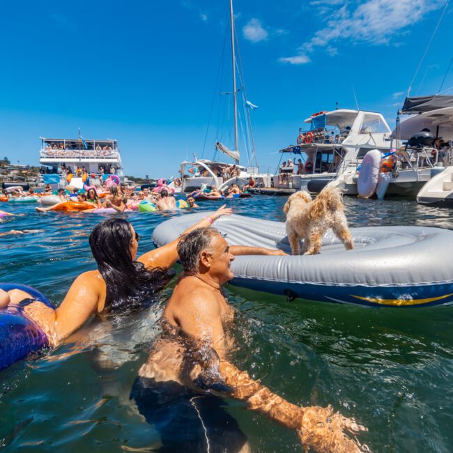 A lively scene on a sunny day features people enjoying a boat party. Individuals are swimming and relaxing on inflatable floats in the water. A dog stands on a paddleboard with a person reaching towards it. Multiple boats and more people can be seen in the background.