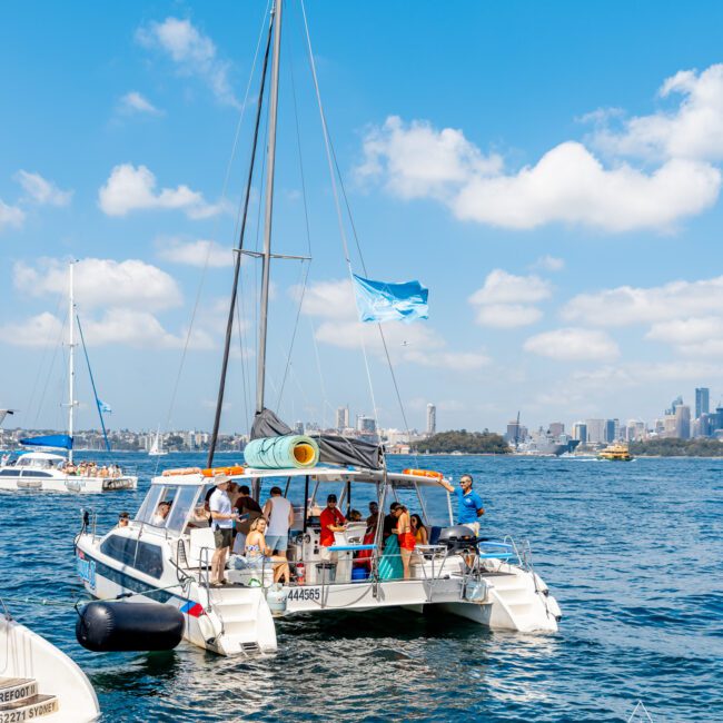 A group of people enjoying a sunny day on a white catamaran sailboat on a serene blue sea. The boat displays multiple sails and flags, with the city skyline in the distant background. The sky is clear with a few fluffy clouds. Other boats are visible nearby, offering glimpses of Luxury Yacht Rentals Sydney.