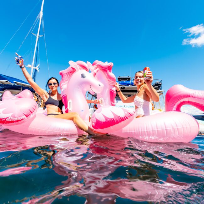 Two people are sitting on large pink inflatable pool floats shaped like horses in the ocean, holding drinks and smiling. The background features a bright blue sky and part of a boat. Enjoy a perfect day with Luxury Yacht Rentals Sydney, where calm waters reflect the vivid colors of the scene.