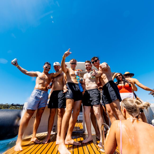 A group of six people, five men and one woman, stand on the deck of a boat on a sunny day. They are wearing swimsuits and appear to be having a good time, with some holding drinks. A woman with a straw hat is seated in the foreground. The Yacht Social Club Sydney Boat Hire ensures such enjoyable outings.