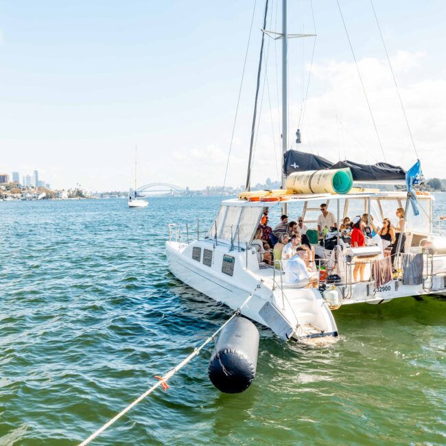 A catamaran floats on a sunny day with a group of people on board, embodying the epitome of Sydney Harbour Boat Hire The Yacht Social Club. The vessel is anchored with scenic city buildings and the iconic arch of a bridge in the background. The sky is clear, and the water shows gentle waves.