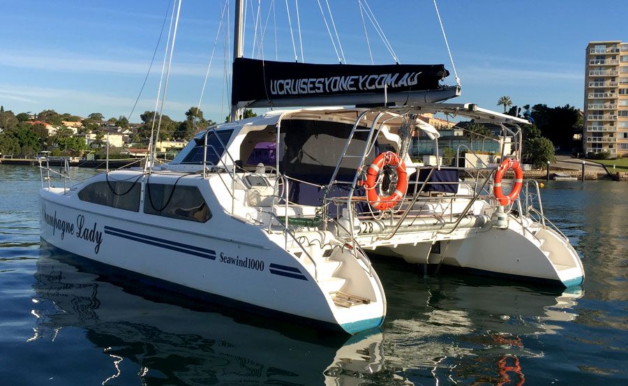 A white catamaran named "Imagine Lady" is docked on calm waters. The boat, part of The Yacht Social Club Sydney Boat Hire, has two orange life rings attached to the rear and a black sail with a website URL. Waterfront homes and a tall building stand against a backdrop of trees under a clear blue sky.