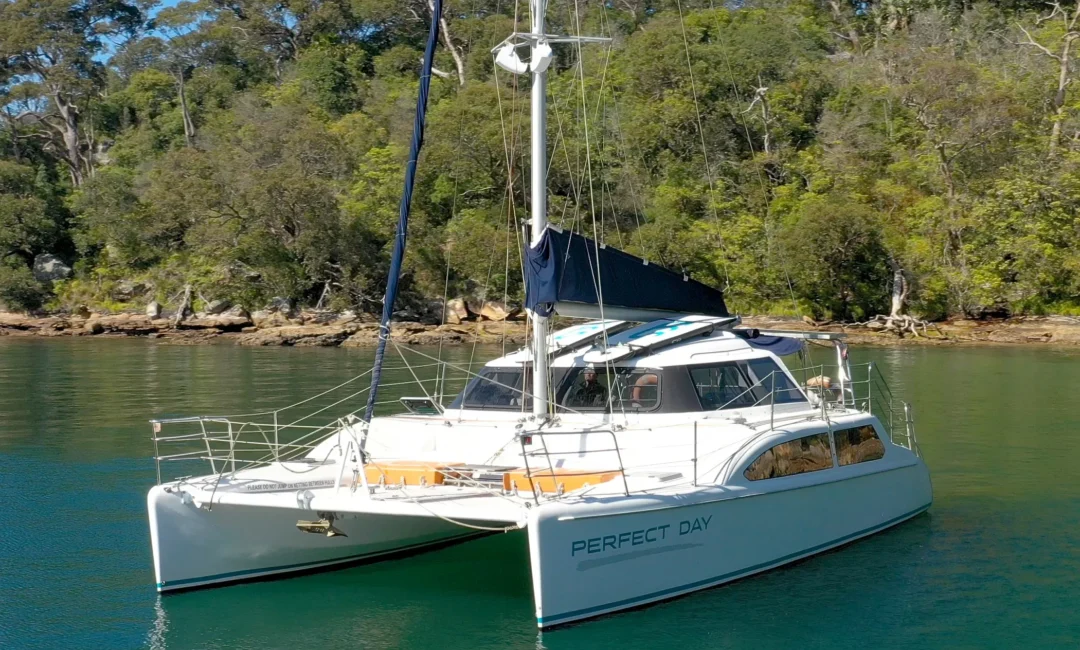 A white catamaran named "Perfect Day" is anchored in calm, clear blue-green water near a forested shoreline. Life rings are visible, and the boat has a spacious deck with railings and a mast with sails partially furled. The serene scene evokes the ultimate experience offered by Boat Parties Sydney The Yacht Social Club.