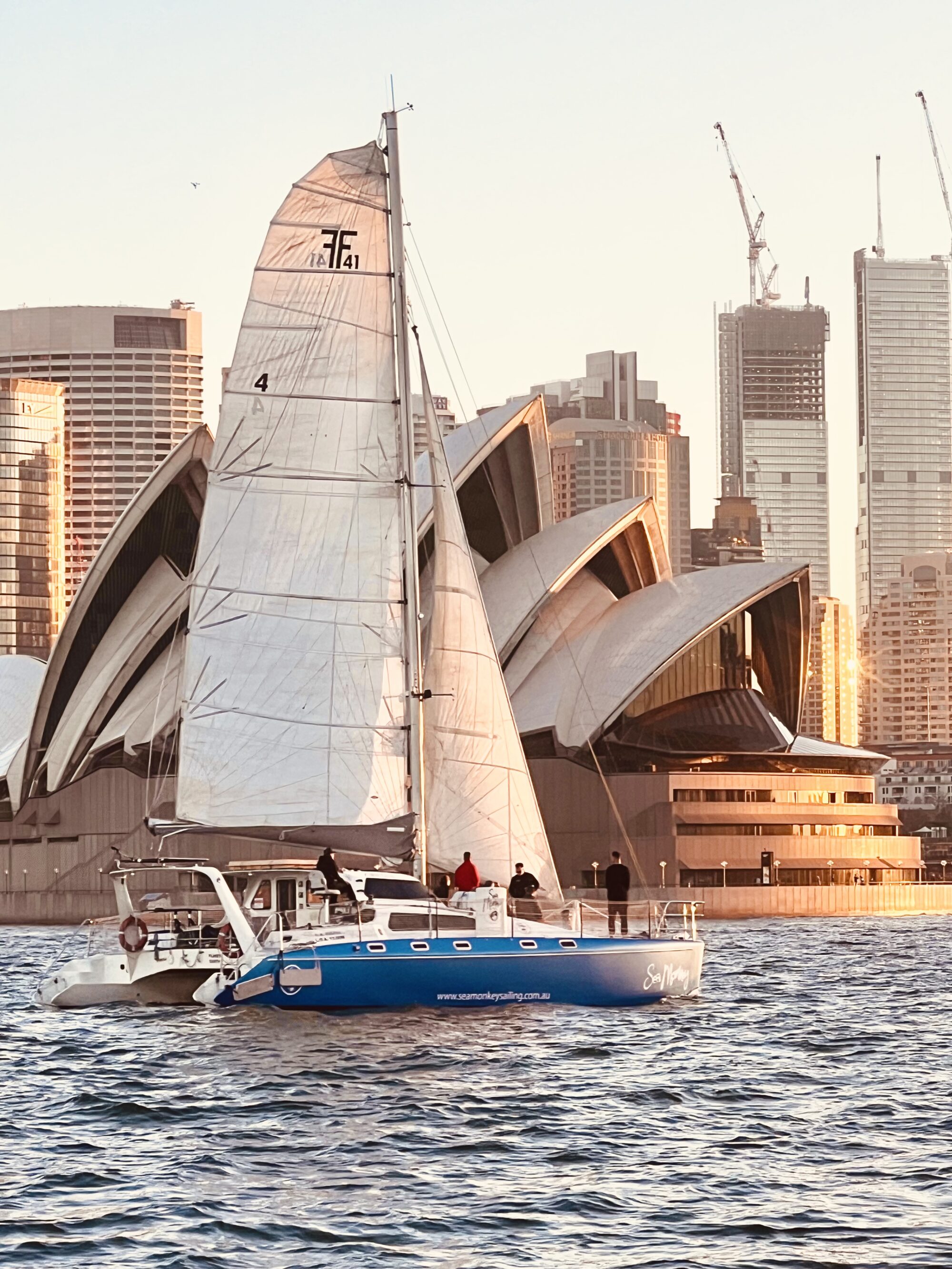 A blue and white sailboat glides on the water, with the iconic Sydney Opera House and city skyscrapers in the background. The boat's sails are unfurled, catching the wind as several people stand on deck, enjoying the scenic view during a Yacht Social Club event. The sky is clear and sunlit.