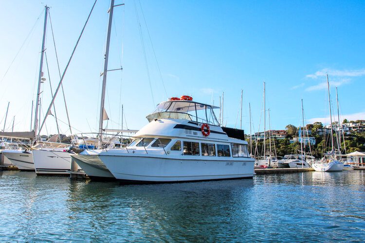 A white motor yacht from The Yacht Social Club is docked among several sailboats in a marina on a bright sunny day. The water is calm, reflecting the boats. Hills with houses can be seen in the background.