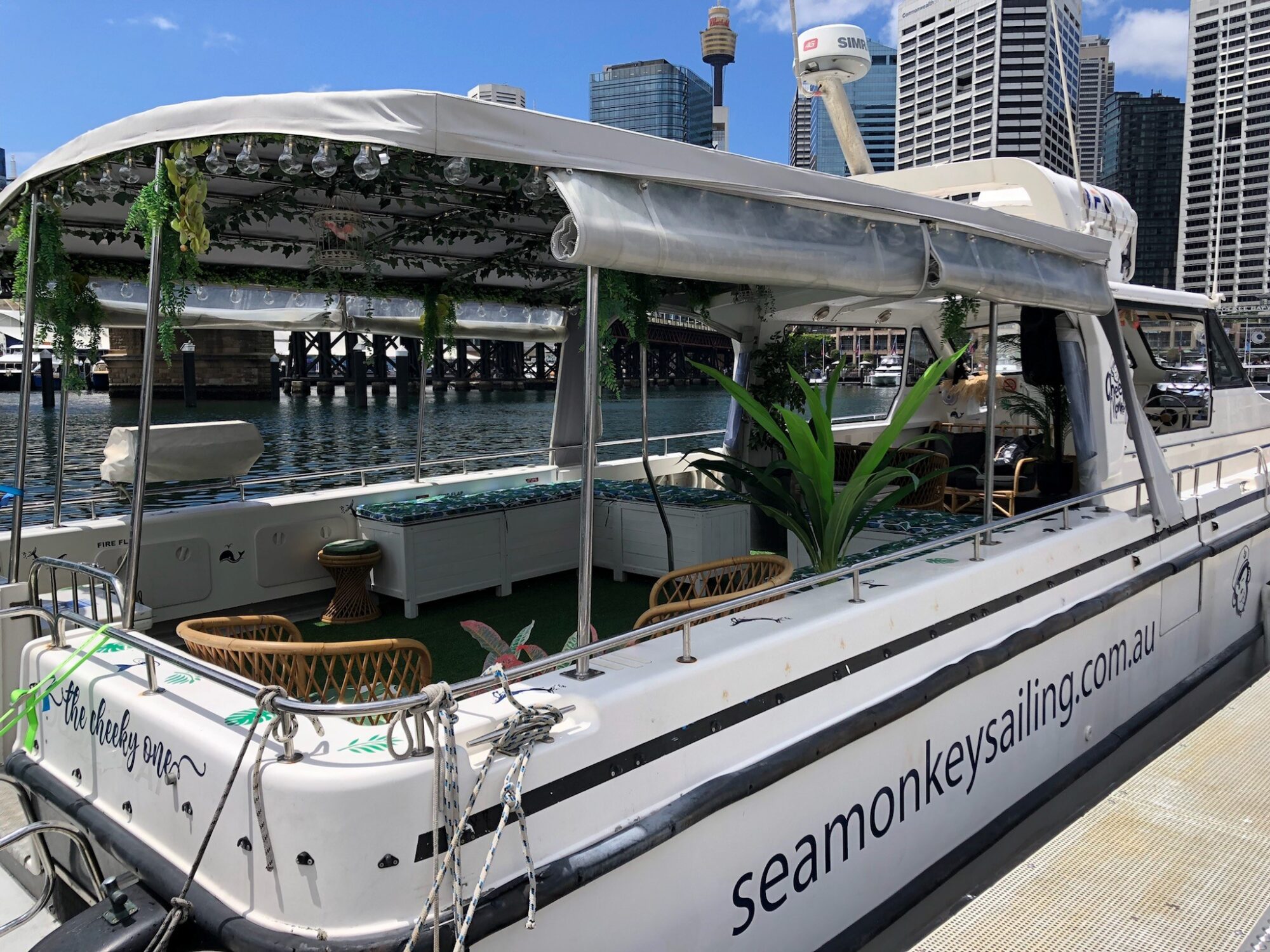 A white catamaran named "Sea Monkey" is docked at a harbor with skyscrapers in the background. The boat has a canopy adorned with greenery and is equipped with wicker chairs, tables, and artificial grass on the deck. Luxury Yacht Rentals Sydney information is visible on seamonkeysailing.com.au.