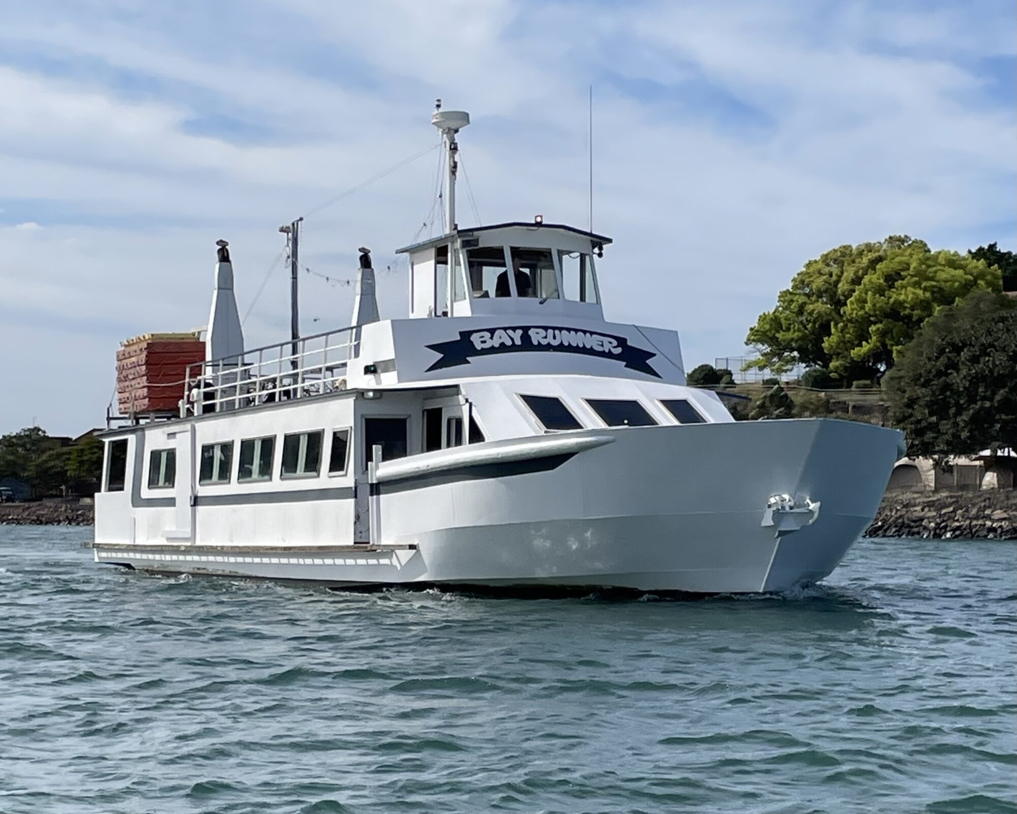 A white ferry named "Bay Runner" sails on calm waters. The ferry has a spacious upper deck and large windows on its sides. The backdrop features a clear sky and some trees along a shoreline.