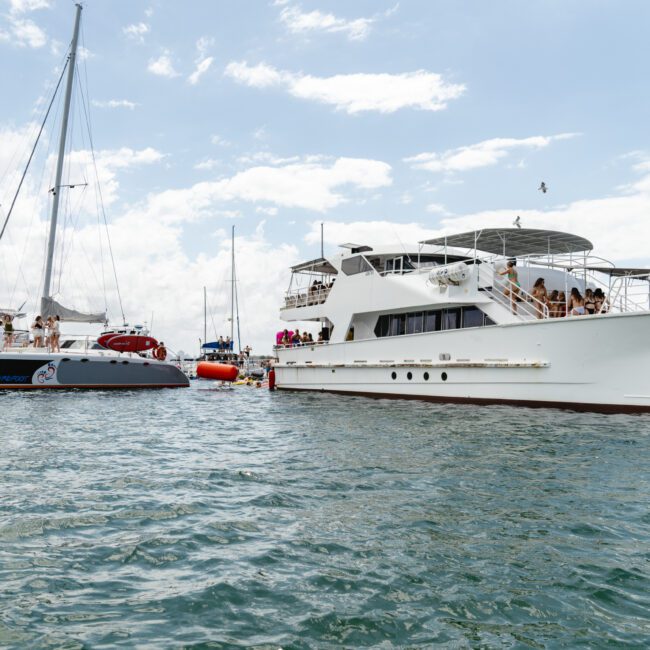 Boats, including a sleek catamaran and a larger yacht, anchored close together on a calm body of water under a cloudy sky. Groups of people are socializing on the decks, with a distant view of the horizon.