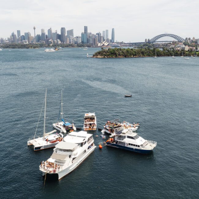 Aerial view of multiple boats gathered in a bay with people on board, socializing under a partly cloudy sky. In the background, a city skyline and a prominent arch bridge are visible, surrounded by greenery.