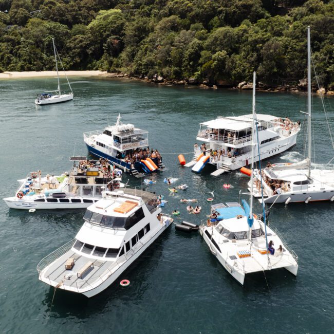 Aerial view of five boats docked together in a calm bay surrounded by lush greenery. People are on the boats and in the water, enjoying water activities. A sandy beach is visible in the background.