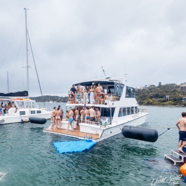 A lively scene unfolds on a double-deck yacht party, where members of a vibrant social club revel on deck and in the water. Another boat sails in the background under the overcast sky, while trees add a touch of nature's grace to this joyous gathering.