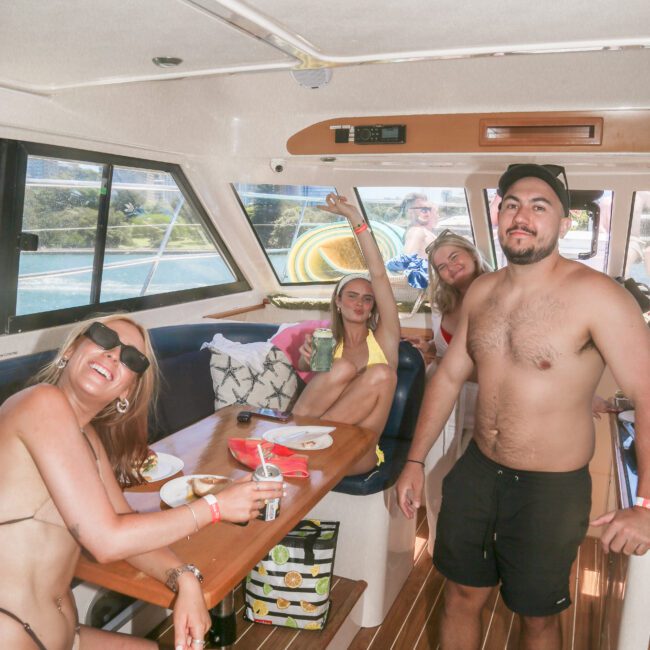 A group of people are enjoying themselves on a boat. Three women and one man are sitting and standing around a table inside the boat. They are wearing swimwear and appear to be having a good time in a sunny setting.