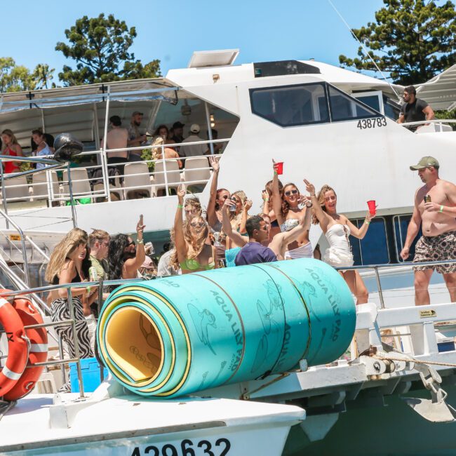 A lively group of people enjoy a sunny day on a boat. Some hold red cups, while others dance and socialize. A rolled-up mat is tied at the front of the boat. Lush trees are visible in the background.