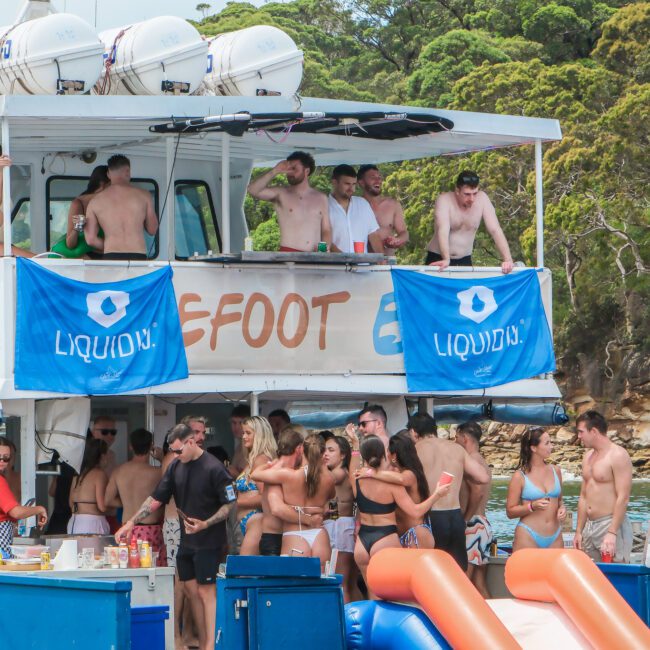 A group of people in swimwear partying on a boat with blue banners, surrounded by greenery. Some are on the deck, while others mingle near the water. Inflatable slides and party decorations are visible.