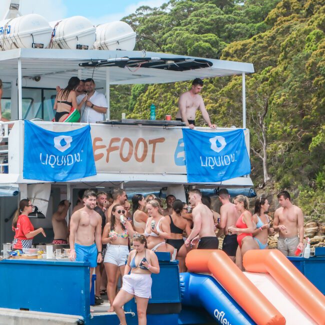 A group of people enjoying a sunny day on a party boat with slides into the water. Some are standing on the deck chatting, while others are in swimsuits by the railings. The backdrop features lush green trees and a clear blue sky.