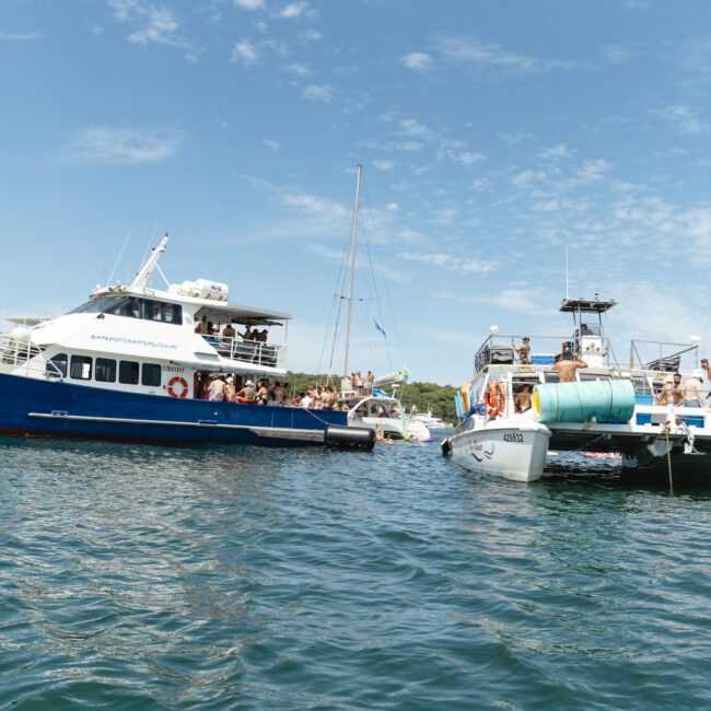 Several boats are anchored close together in a sunny, scenic bay. The water is calm and clear. People are socializing on the boats, enjoying the pleasant weather under a blue sky with scattered clouds. Lush greenery is visible in the background.