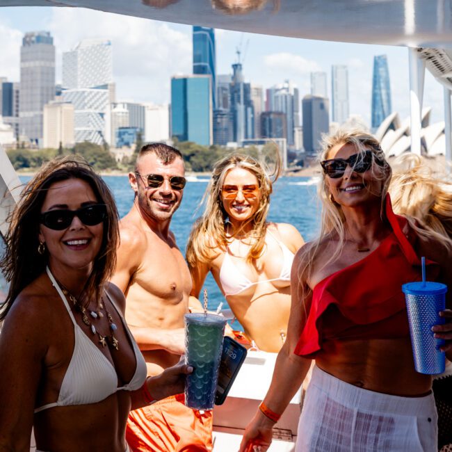 A group of people smiling and holding drinks on a boat with a city skyline in the background. The women are wearing swimsuits and sunglasses, while one man is shirtless and wearing sunglasses. The sun is shining brightly.