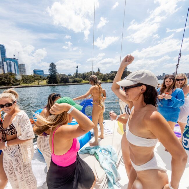 A group of people enjoying a lively gathering on a boat. They are wearing swimsuits and summer attire, dancing and socializing under a sunny sky. Skyscrapers and trees are visible in the background across the water.