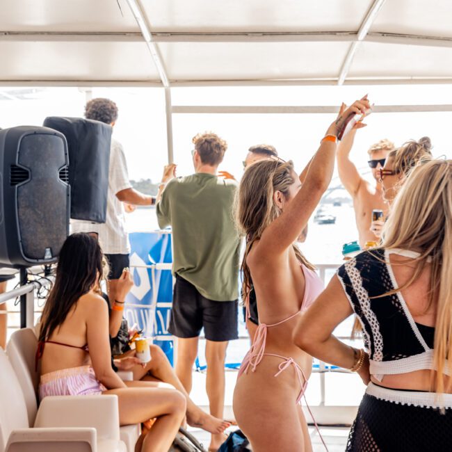 People are enjoying a lively party on a boat. Several individuals are dancing, while others are seated, engaging in conversation. The background shows water and a distant city skyline. It's a sunny day, adding to the vibrant atmosphere.