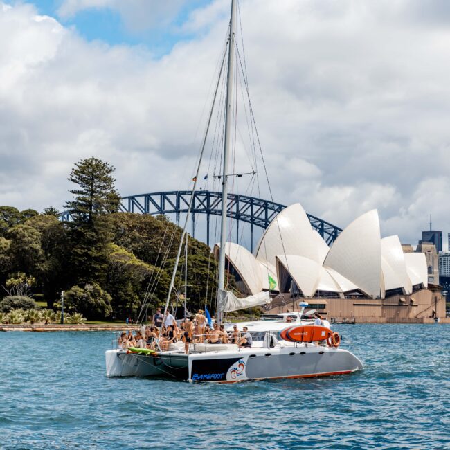 A catamaran with passengers sails on Sydney Harbour. The Sydney Opera House and Sydney Harbour Bridge are visible in the background. The sky is clear, and the water is a vibrant blue. Trees line the shore.