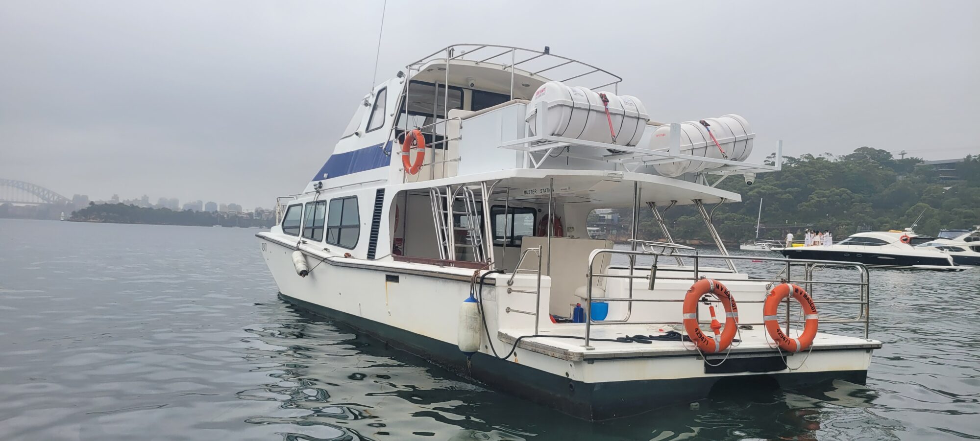 A white motor yacht with blue stripes floats on calm water, equipped with orange life rings and life rafts on the upper deck, with a city skyline and other boats visible in the misty background.