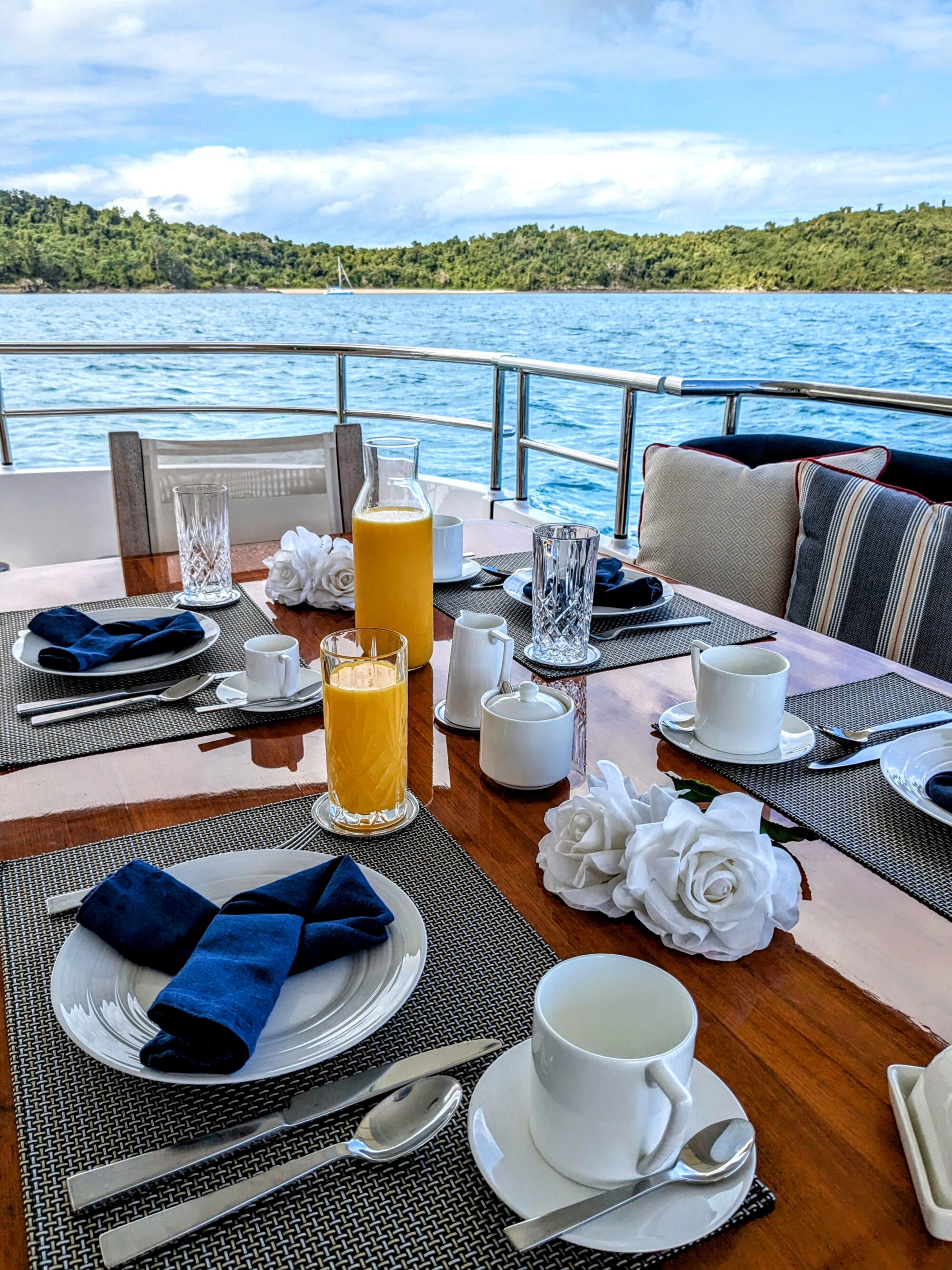A breakfast table on a boat set with cups, plates, silverware, blue napkins, and a glass and pitcher of orange juice, overlooking calm blue water and a wooded shoreline under a partly cloudy sky.