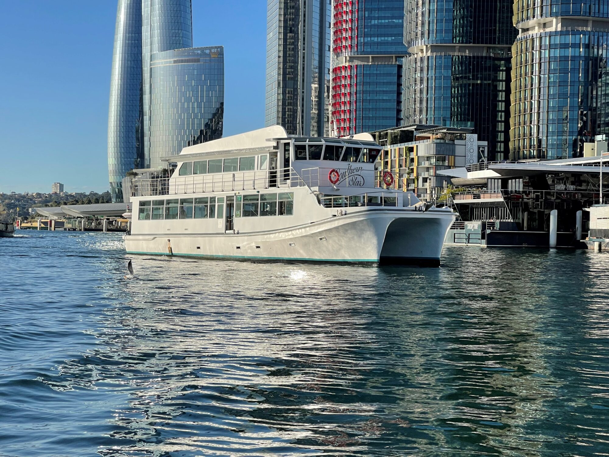 A white multi-deck yacht floats on calm water near a modern city waterfront with tall glass skyscrapers and clear blue sky in the background.
