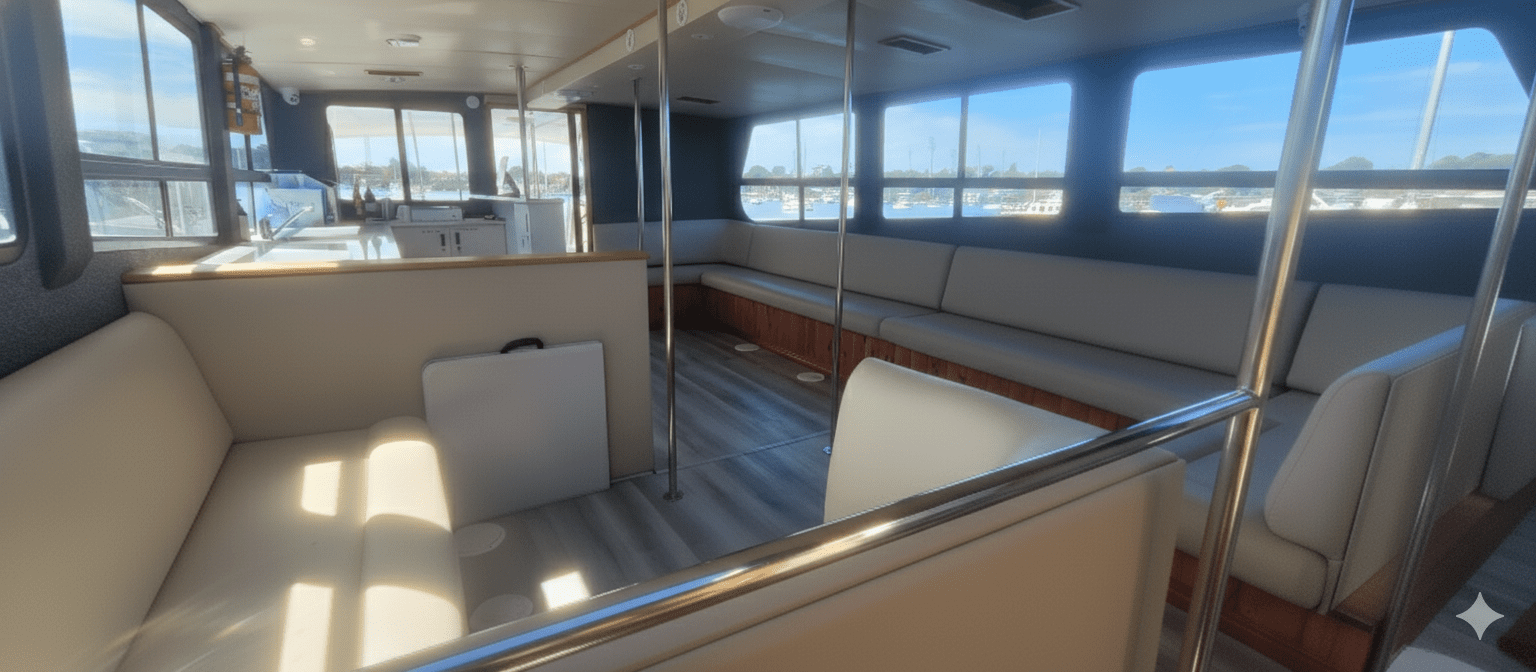 The MV Mascot features a modern interior with large windows, light gray cushioned seating along the sides, wood accents, and a kitchenette at the far end. Sunlight streams in, brightening the spacious cabin.