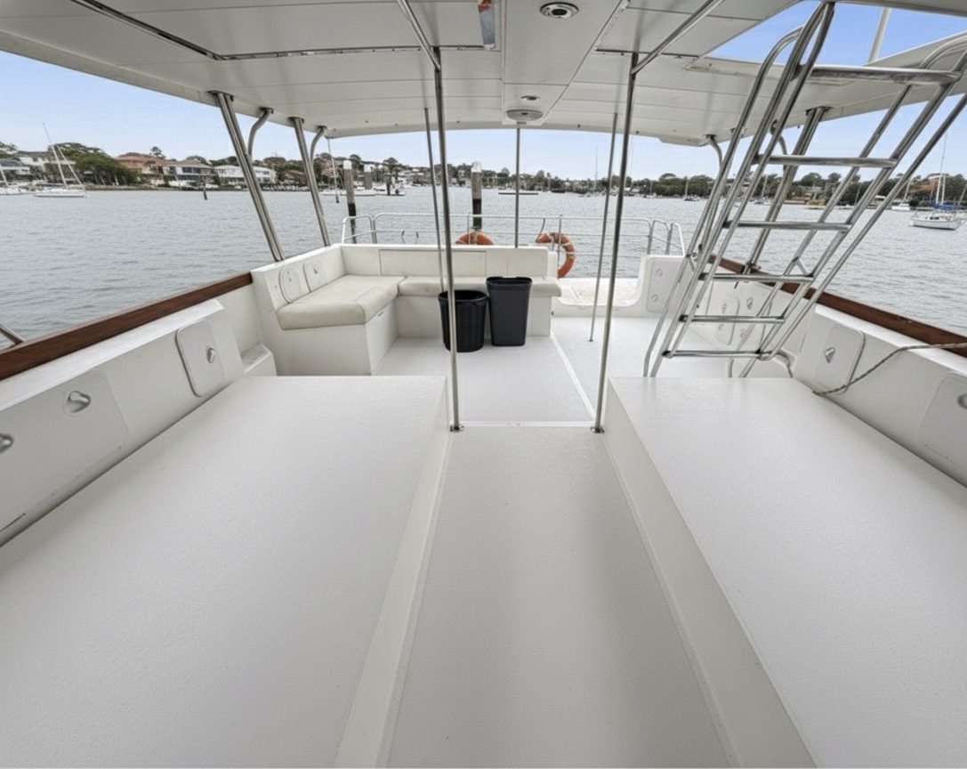 A spacious upper deck of a boat with white seating, metal railings, and a ladder. The boat is docked on calm water near a shoreline with houses and trees visible in the background.