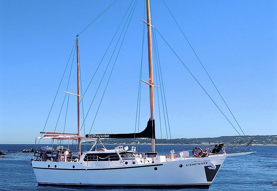A white sailing yacht with orange masts floats on calm blue water under a clear sky. The yacht is named "SydneySider," and distant land is visible in the background.